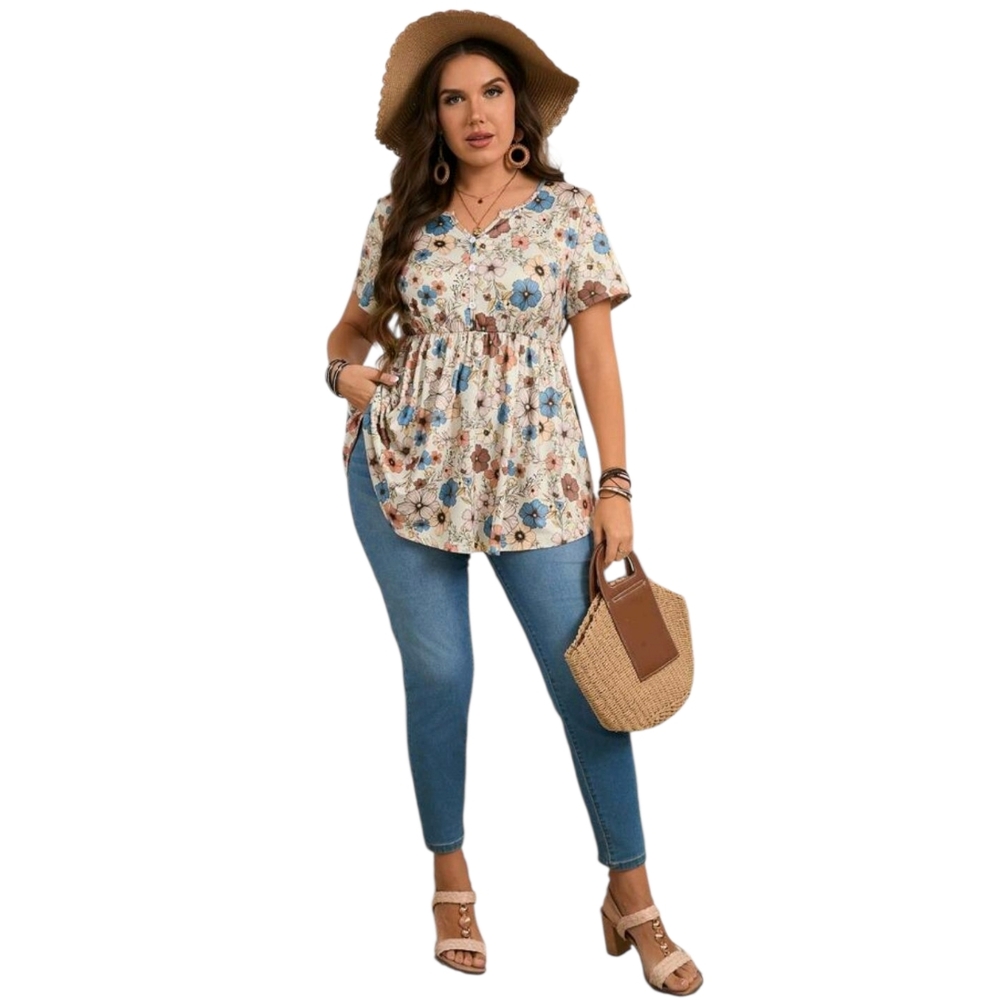 SHEIN Cream Floral Empire Waist Flutter Sleeve Top Women's 2X